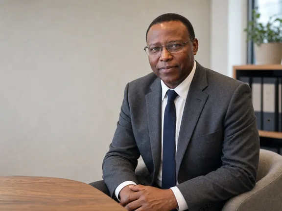 Husain Haroun, CPA, FCCA, founder of HBT Accounting, seated in a Calgary office wearing a charcoal blazer and navy tie