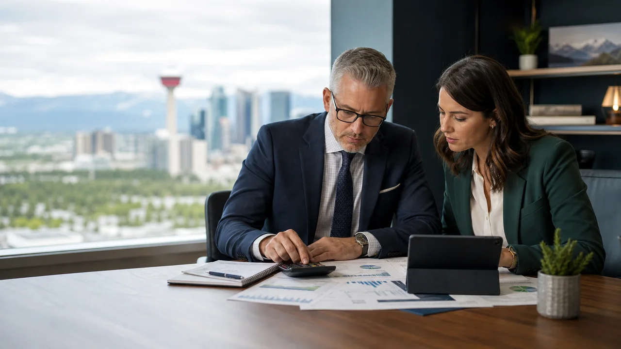 Accountant and Alberta business owner reviewing corporate tax calculations