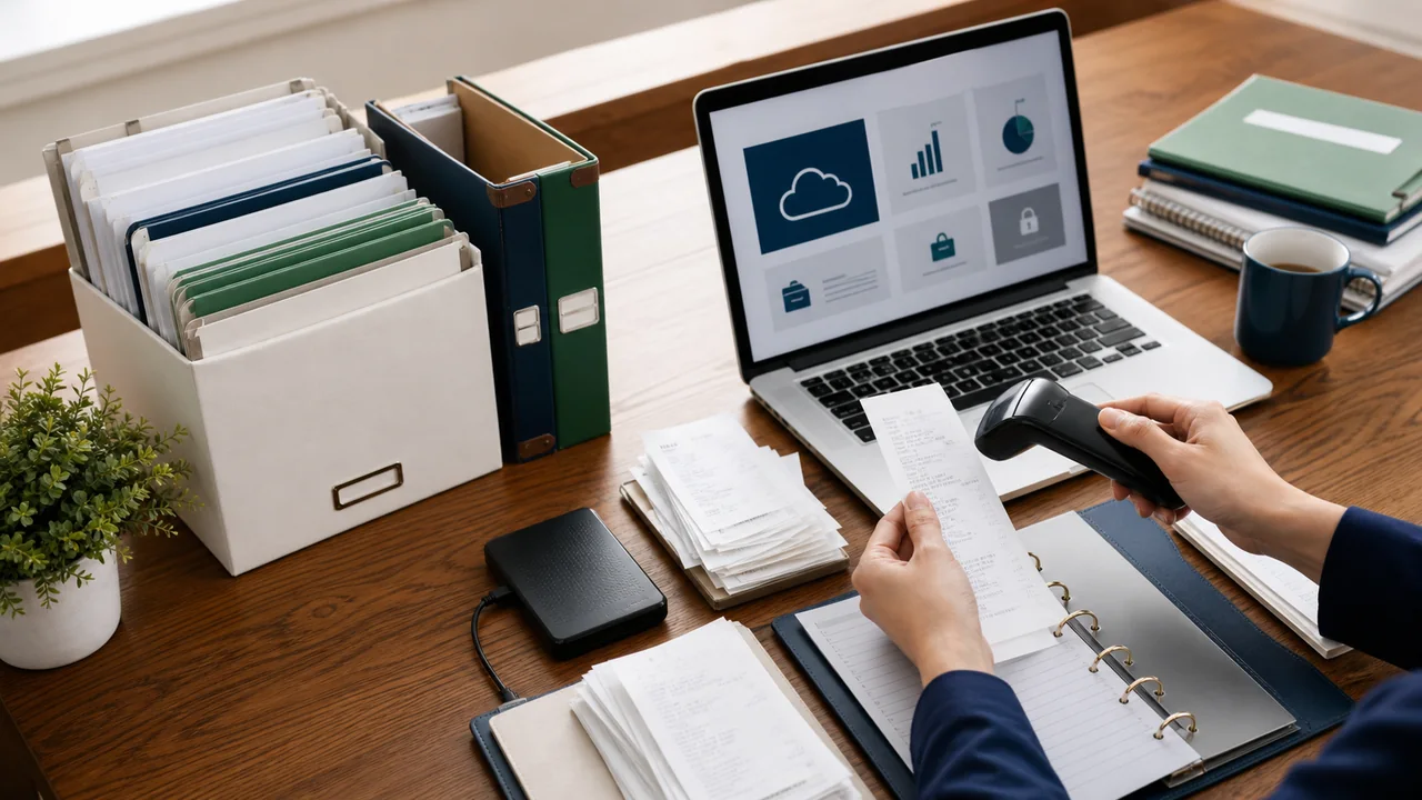 Organized digital and paper bookkeeping records on a professional desk