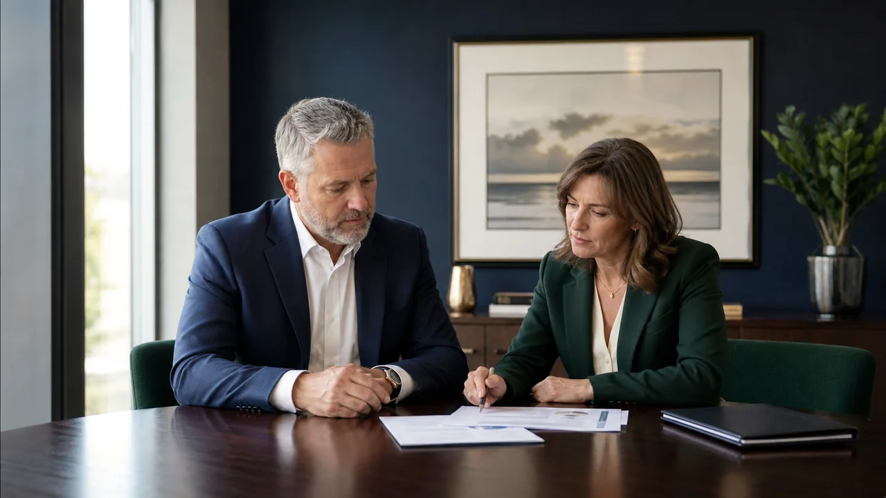 Business owner and CPA reviewing a capital dividend plan in a private office
