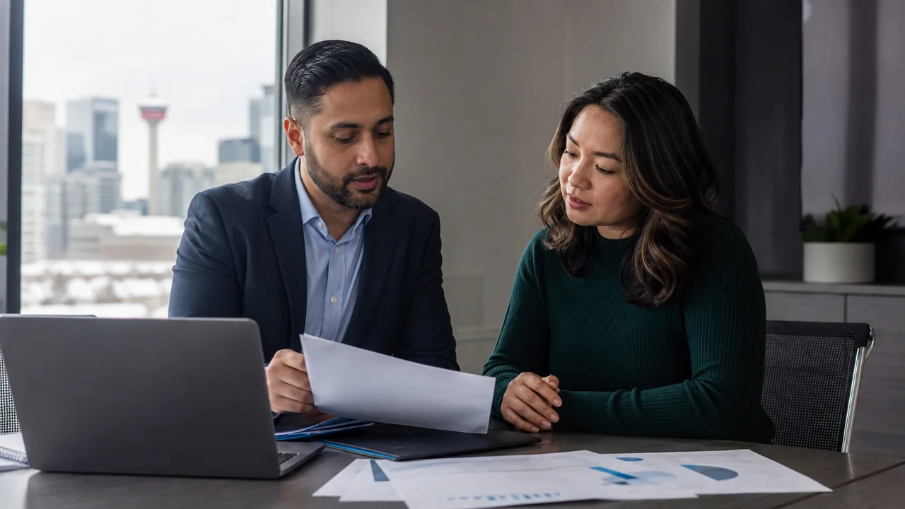 Calgary accountant and business owner reviewing financial information in a professional office