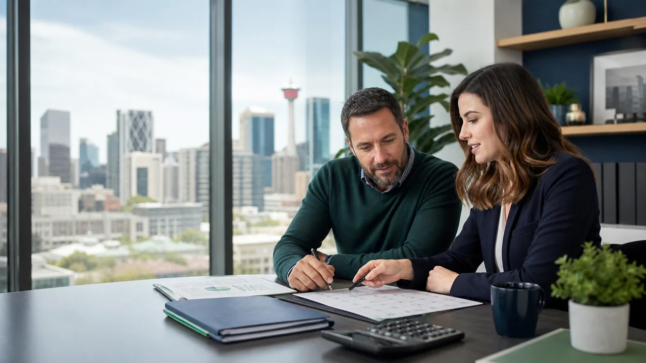Calgary business owner reviewing a corporate tax calendar with an accountant