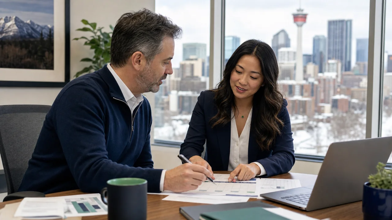 Business owner and accountant planning corporate tax instalments in a Calgary office