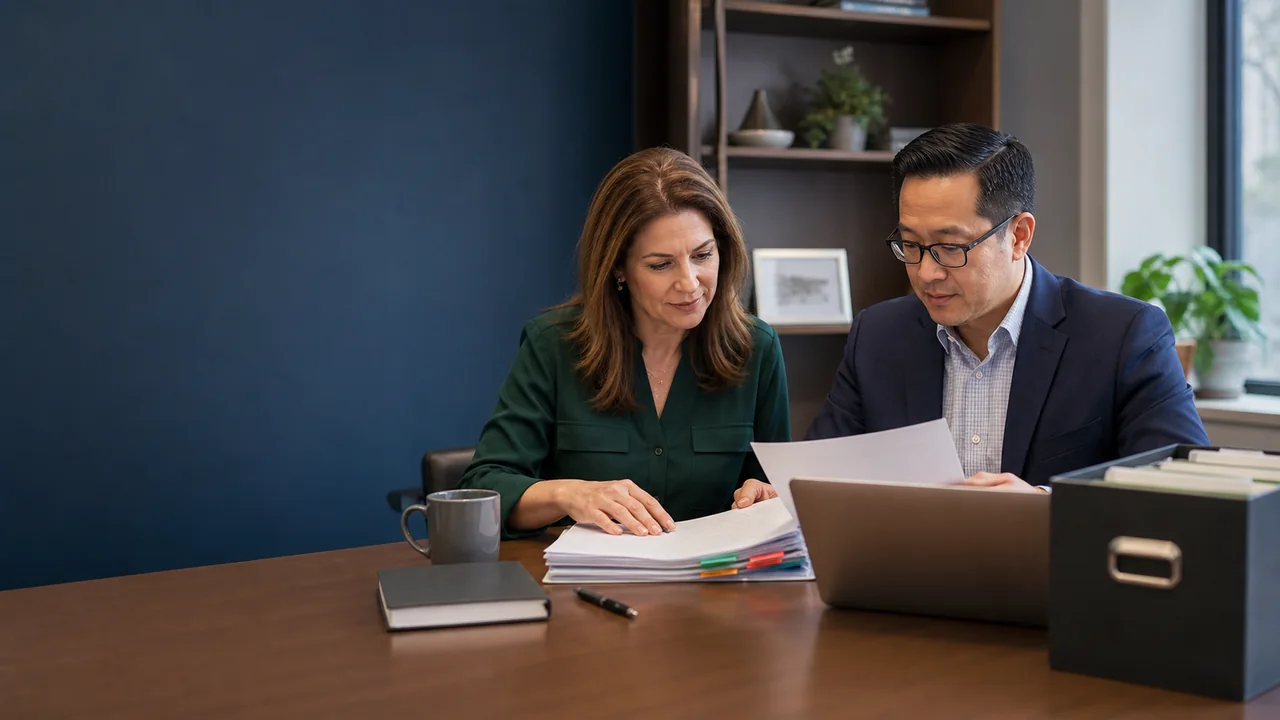 CPA and business owner calmly organizing documents for a CRA business audit
