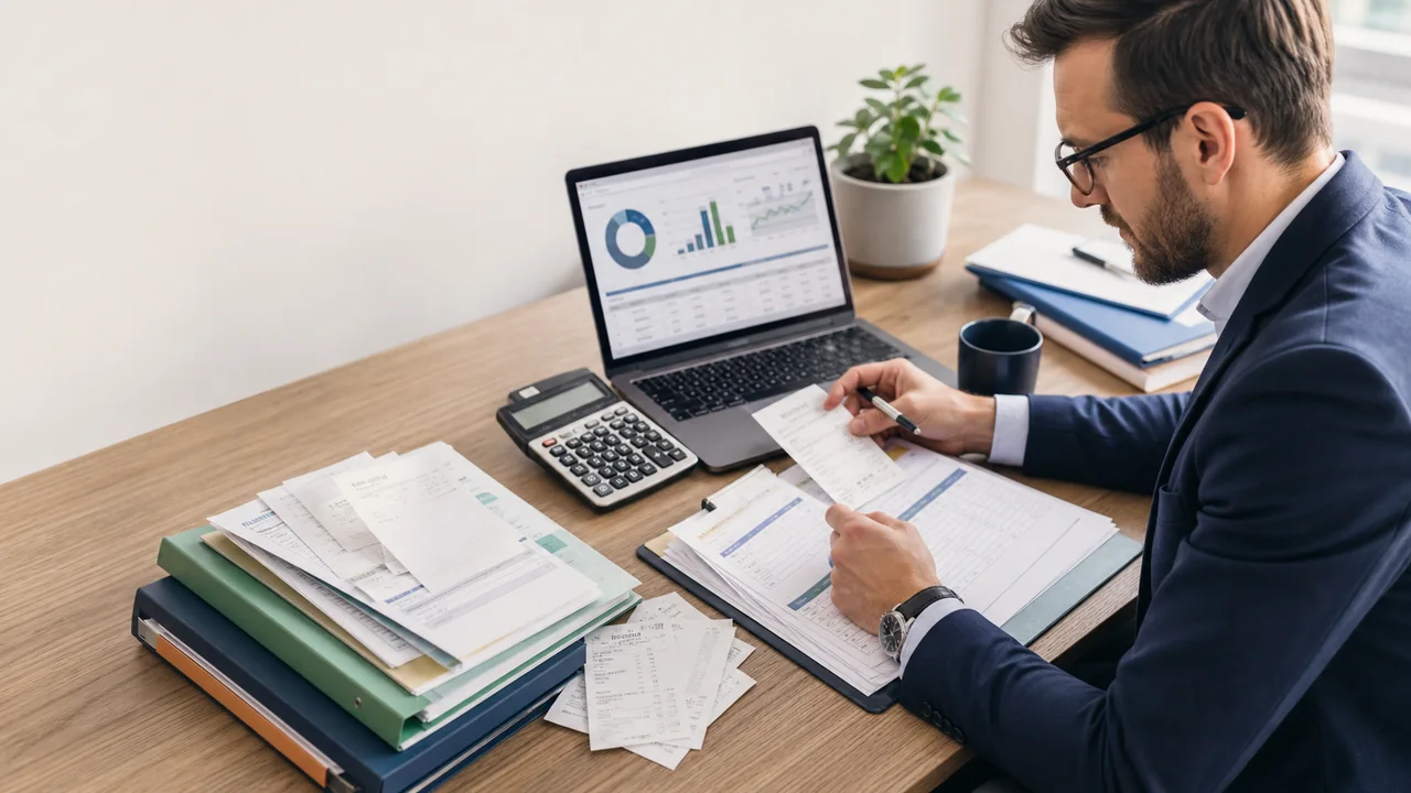 Accountant organizing invoices and GST records for an Alberta business