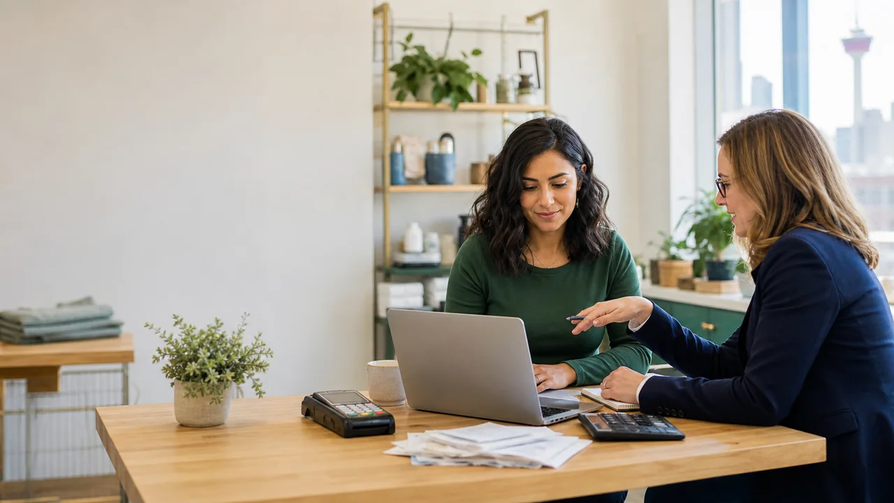 Alberta entrepreneur preparing GST registration at a laptop