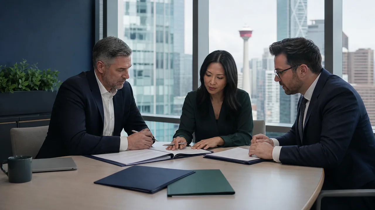Business owner, accountant, and lawyer discussing a Canadian holding company structure