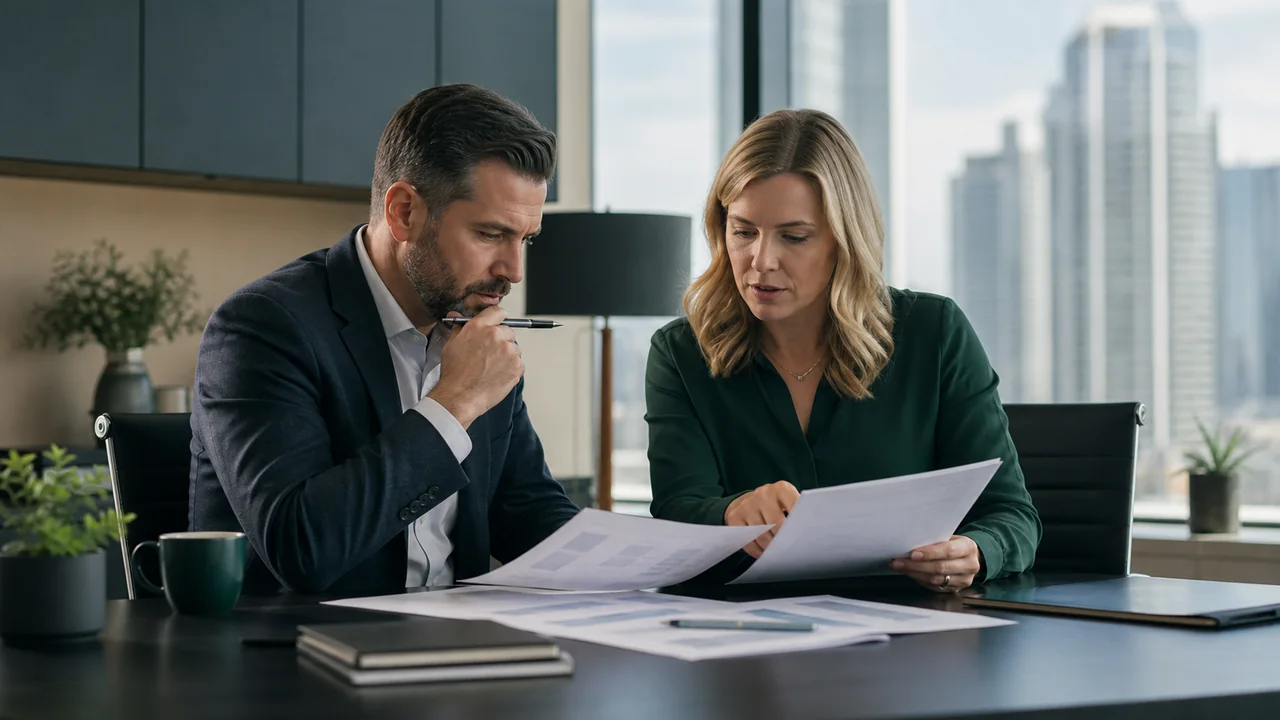 Corporate owner and CPA reviewing business cash and investment records