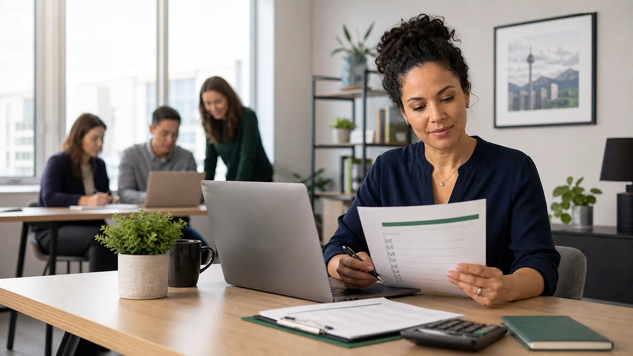 Calgary payroll manager reviewing employee pay information in a modern office