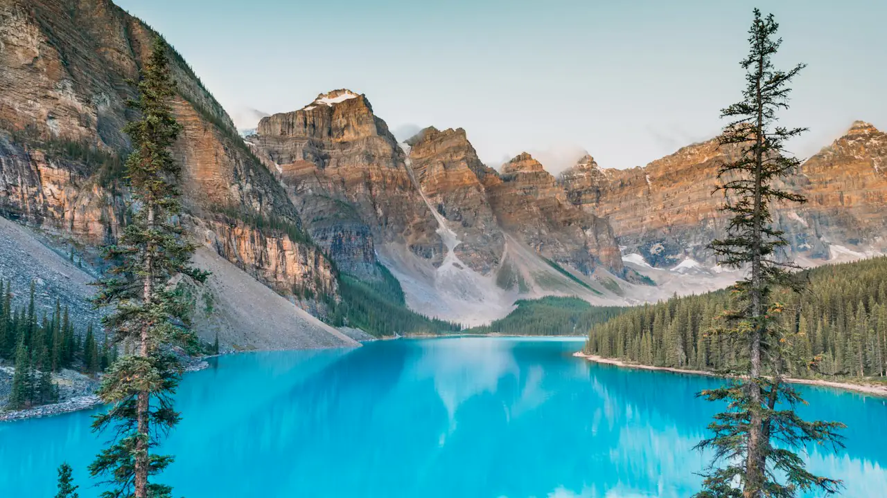 Moraine Lake in Banff National Park, turquoise water below a ring of mountain peaks