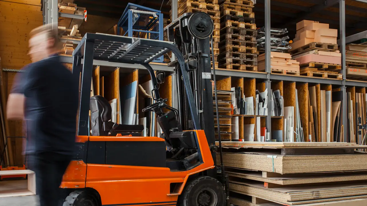 A forklift moving past stacked lumber in a warehouse