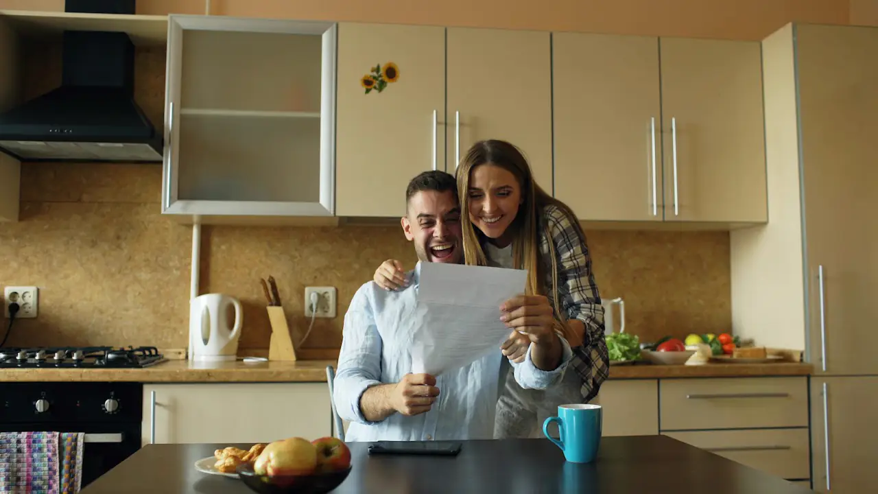 A smiling couple reading a letter together in their kitchen