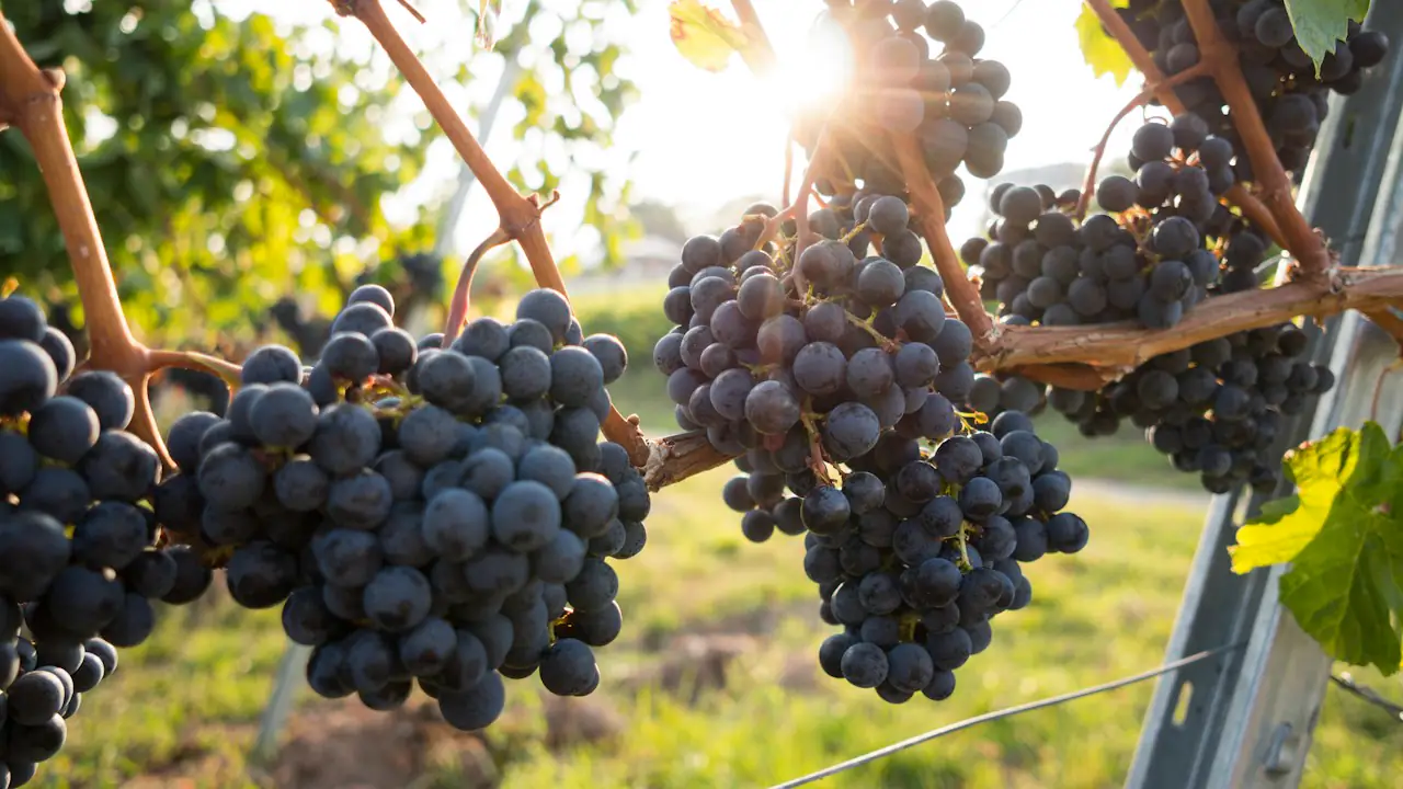 Ripe grapes hanging in late afternoon sun in a British Columbia vineyard
