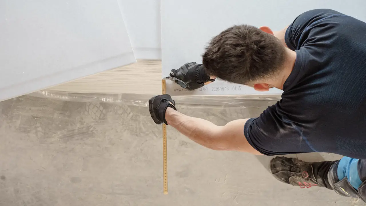 A renovator in work gloves measuring a newly poured floor with a tape