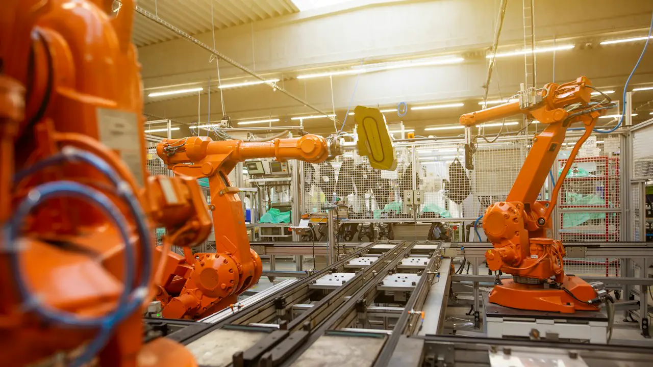 Orange robotic arms working along a production line in a bright factory