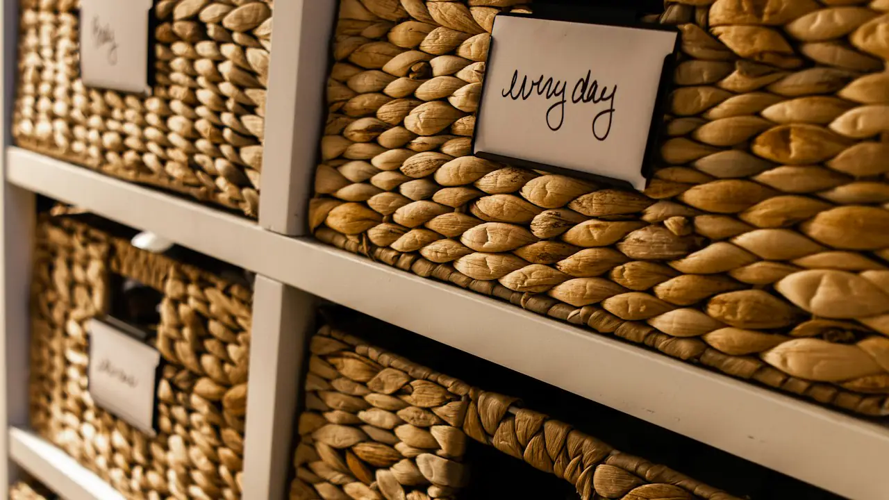 Woven storage baskets on white shelves, each with a handwritten label