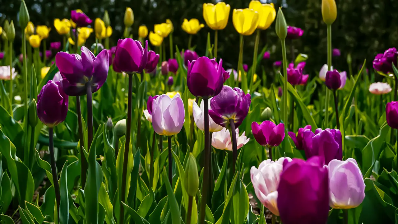 Purple, pink and yellow tulips in bloom in Oshawa