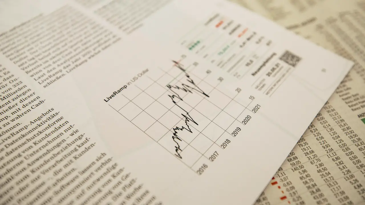Printed financial reports with a line chart