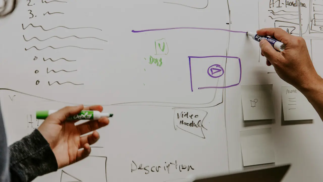 A hand sketching a plan on a whiteboard with markers