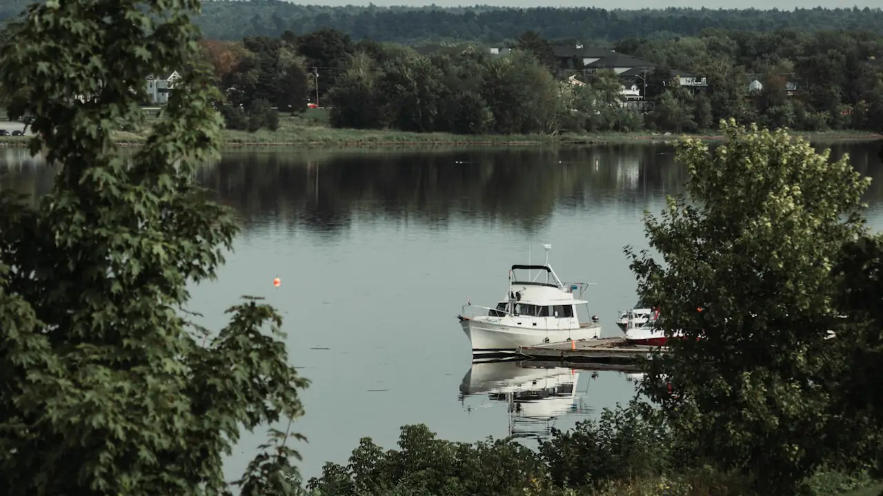 A cabin cruiser moored on the river at Fredericton, framed by summer trees