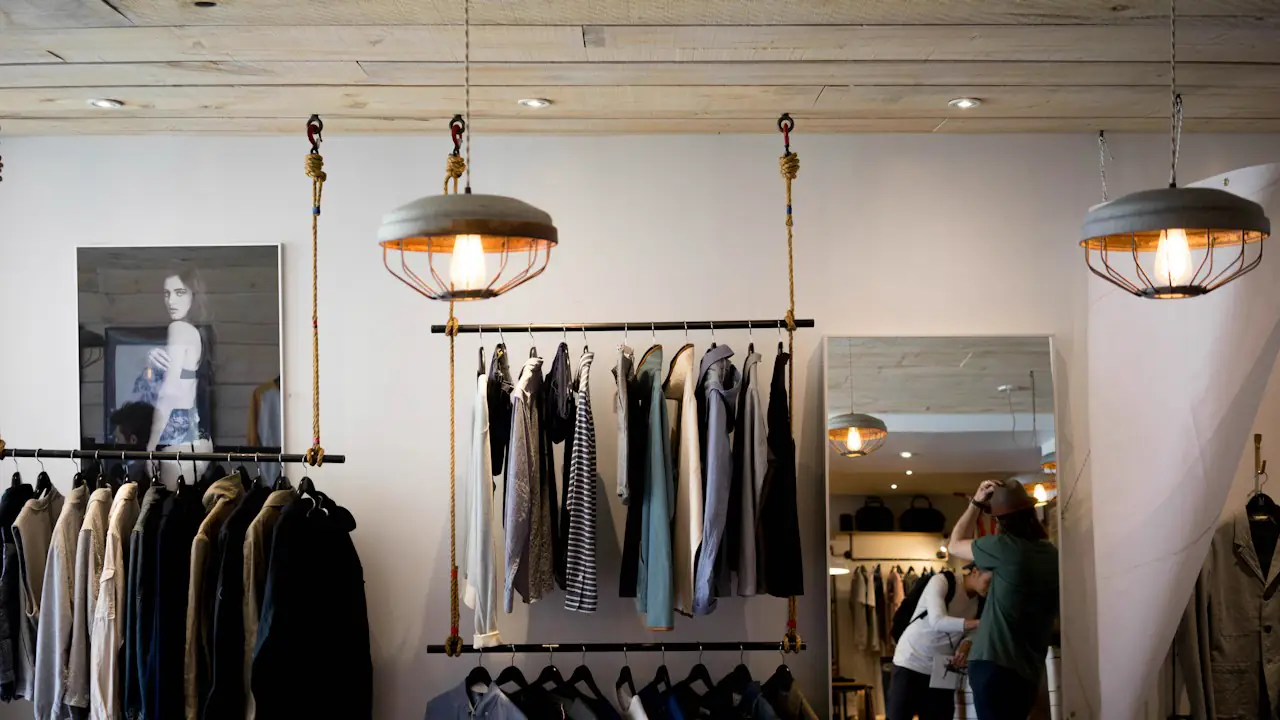 A bright clothing boutique with jackets on hanging rails