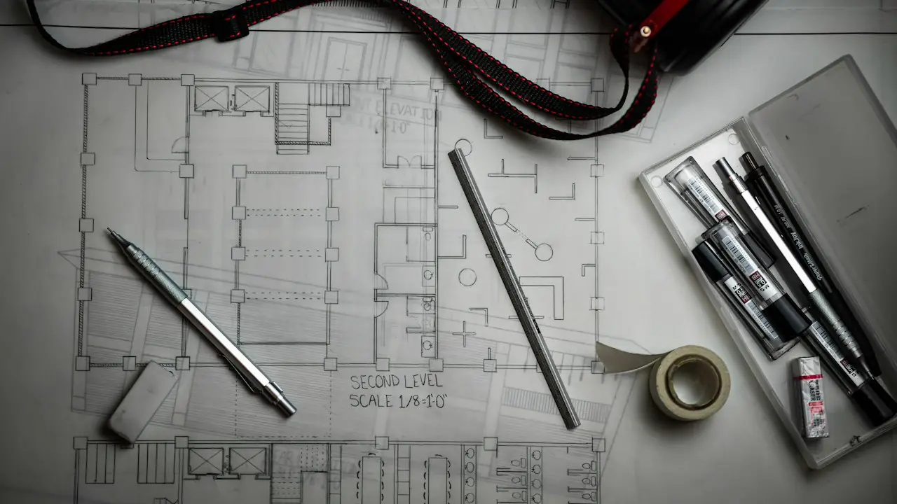 A floor plan drawing with a pencil, pens, tape and drafting tools laid on top