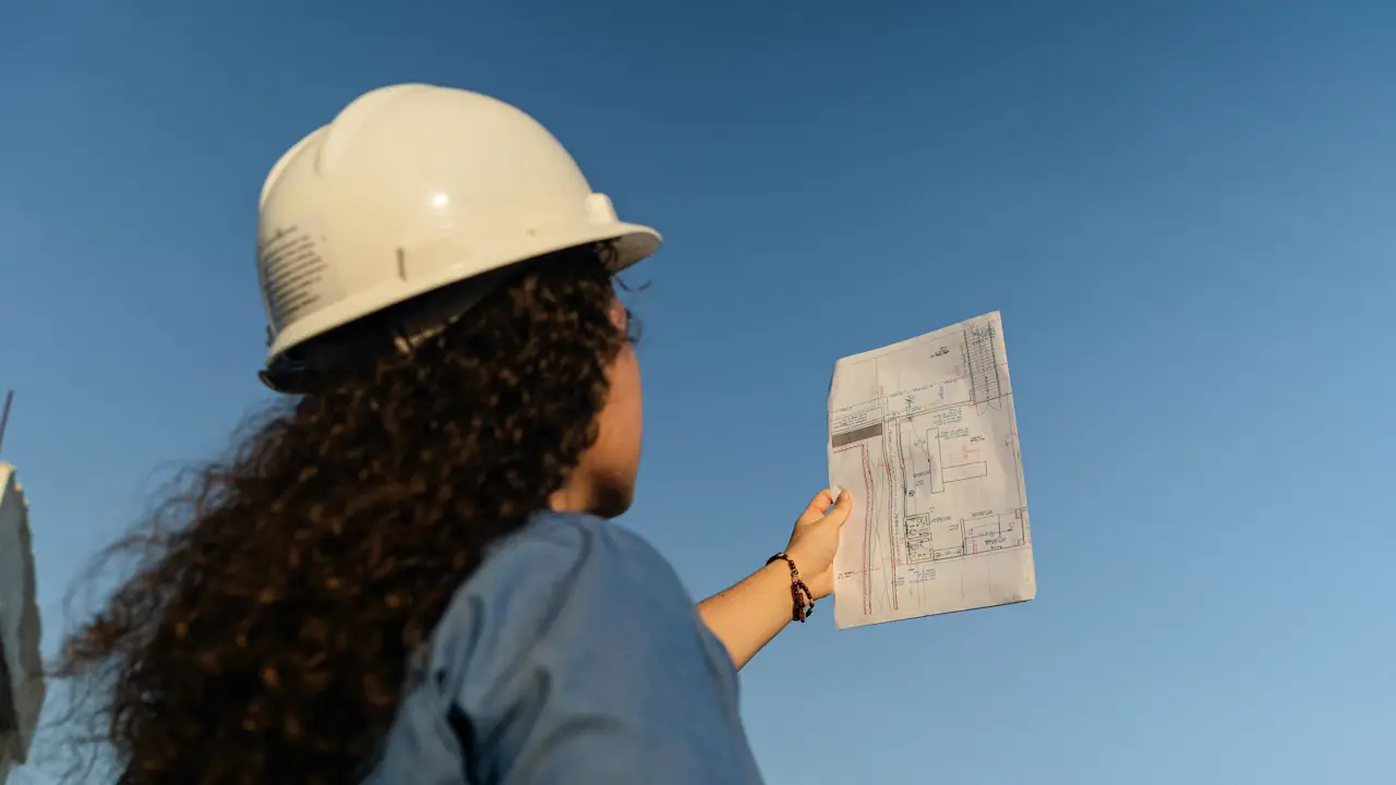 A woman in a white hard hat holding up building plans against a blue sky
