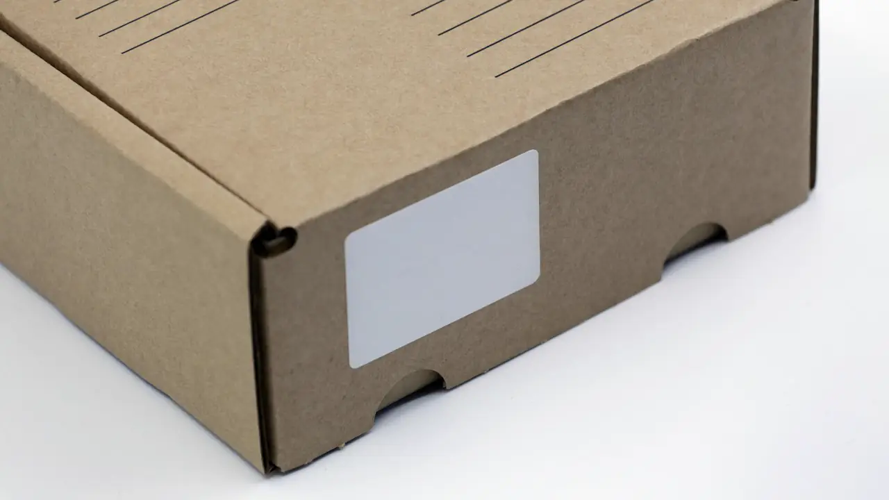 A brown shipping box with a blank white label on a white surface