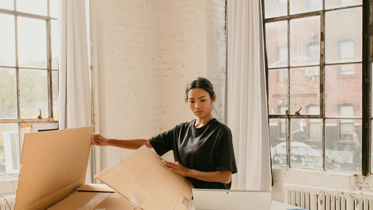 A woman assembling a cardboard shipping box at a table in a bright loft