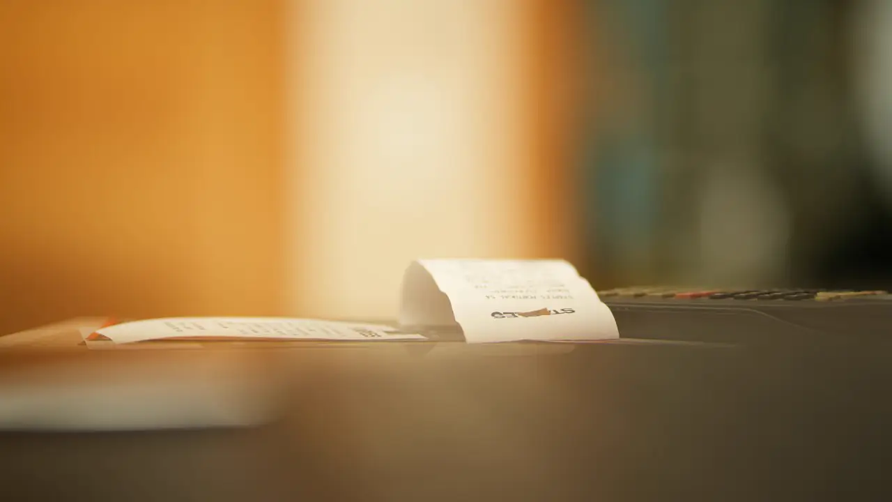 A paper receipt on a table in warm light