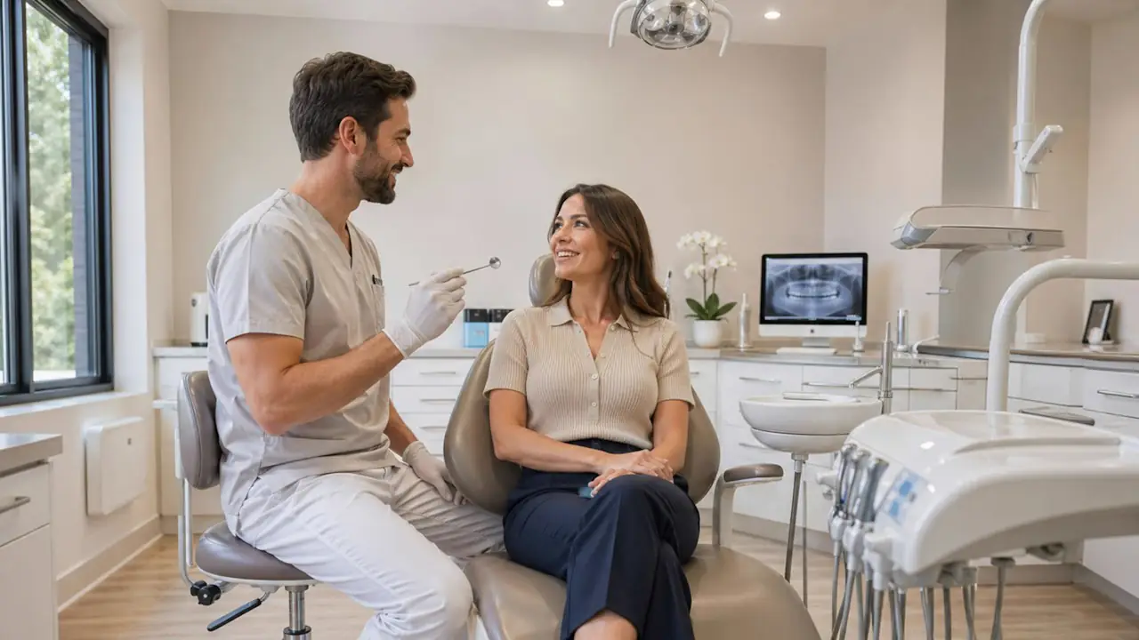 A dentist chatting with a smiling patient in a bright, modern dental office