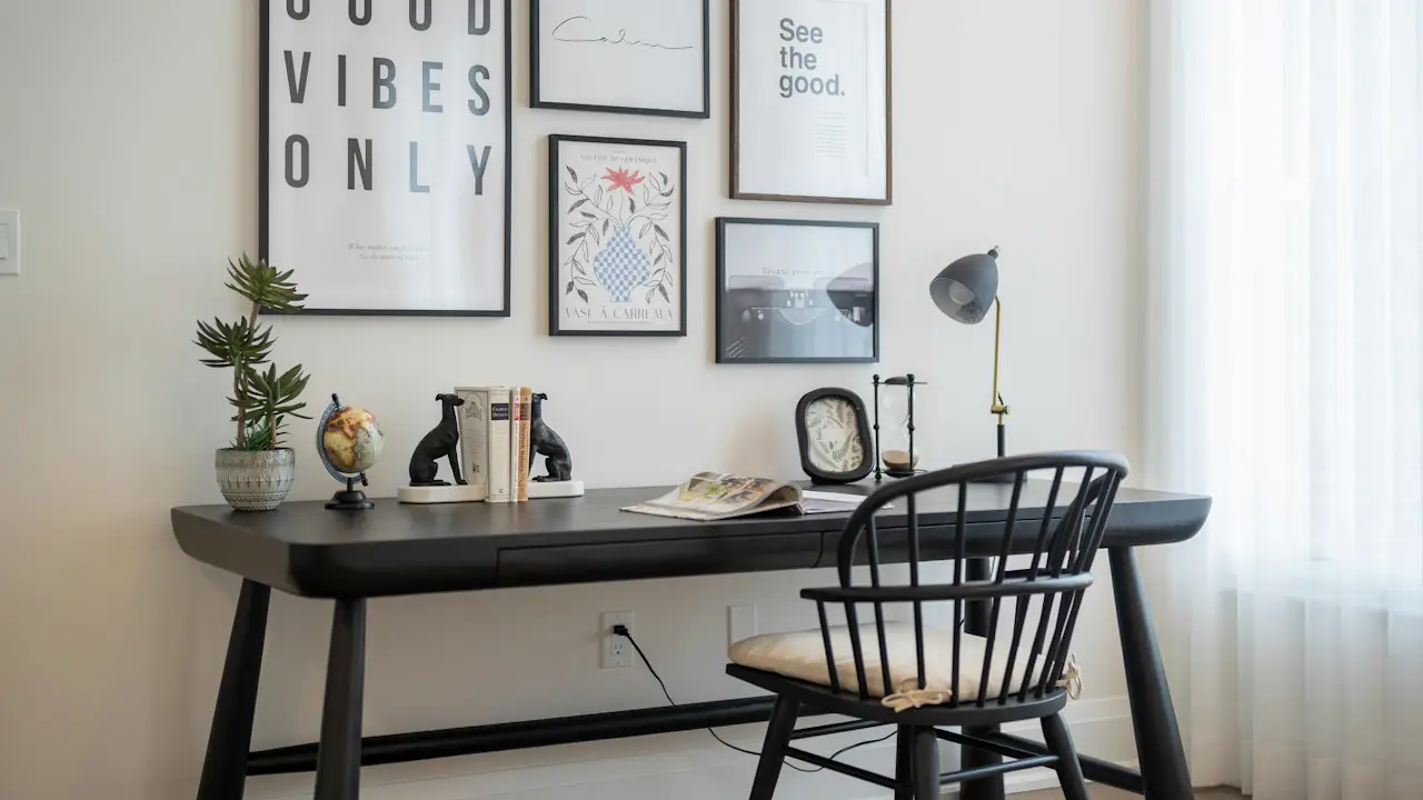 A tidy home office desk under framed prints