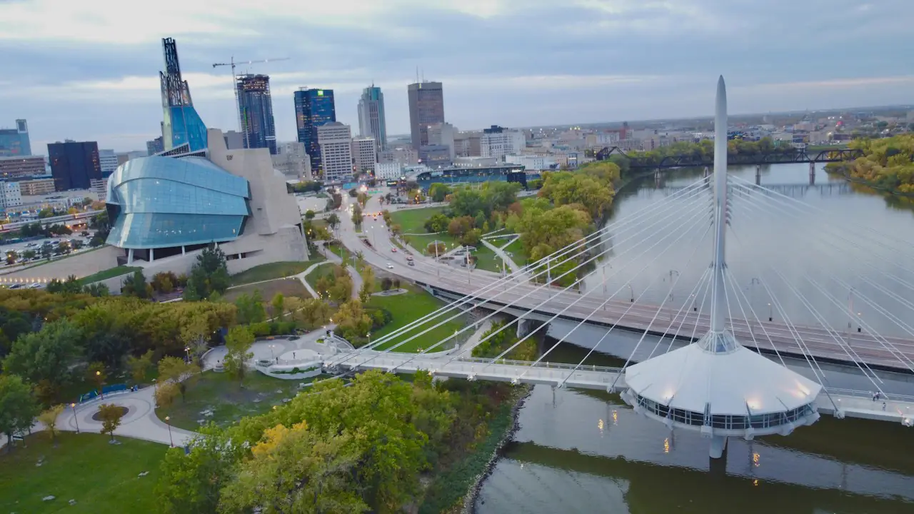 Winnipeg from above, with the Esplanade Riel bridge and the Canadian Museum for Human Rights by the river