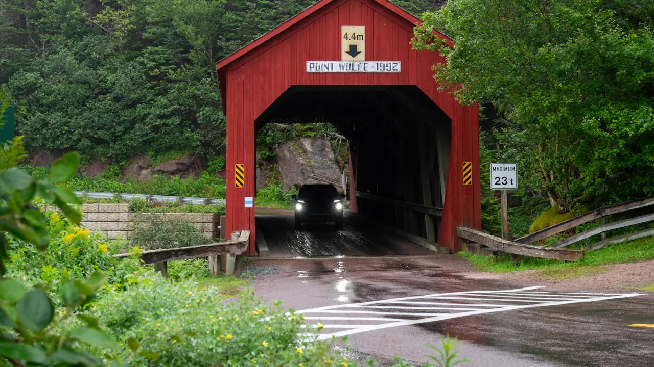 The red Point Wolfe covered bridge in Fundy National Park
