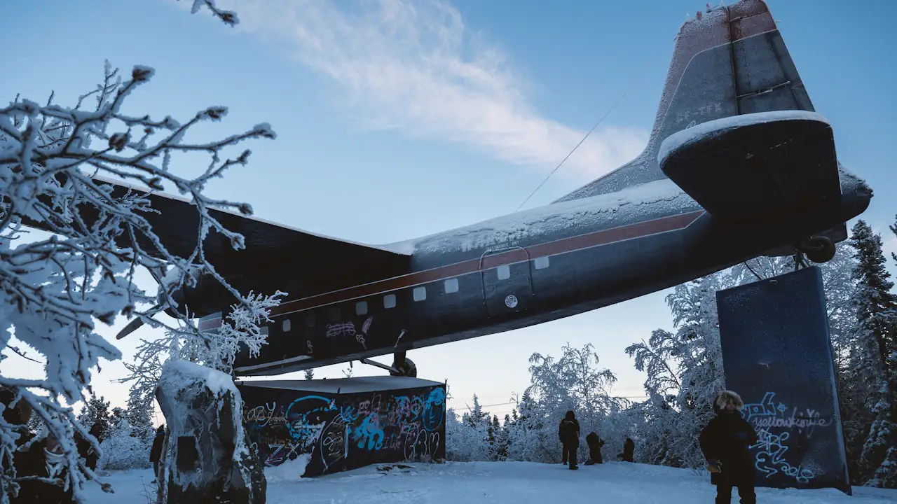 The Bristol Freighter aircraft monument in Yellowknife on a frosty winter day