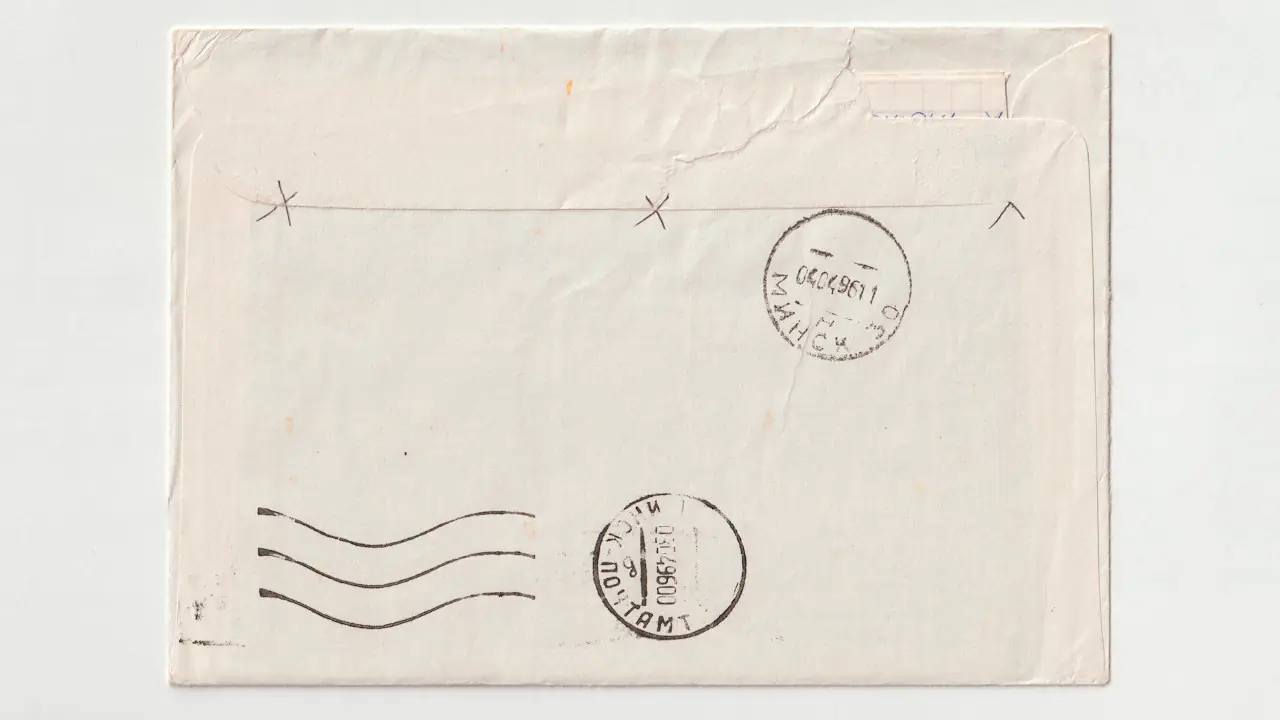 A postmarked envelope on a plain background