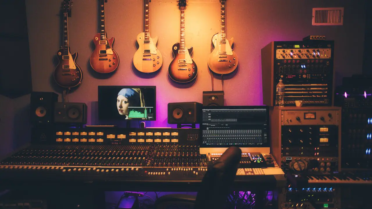 A recording studio with guitars on the wall above a large mixing desk
