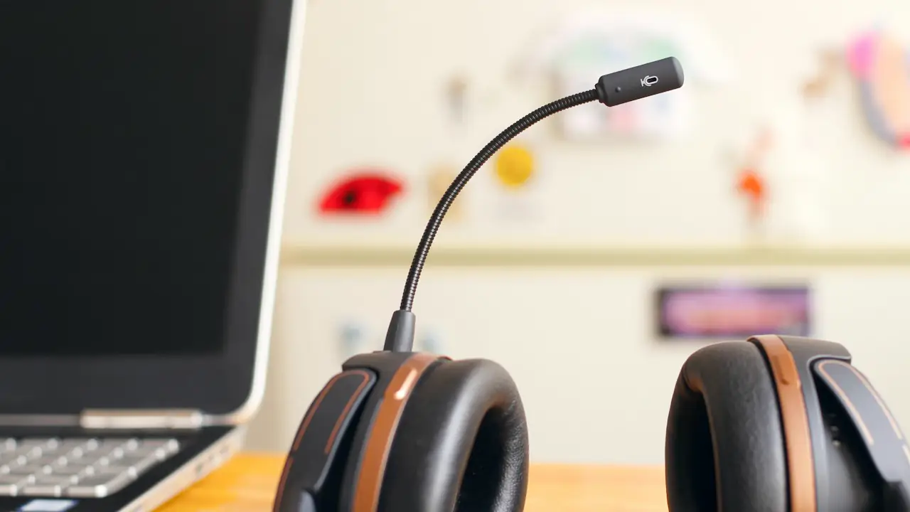 A headset resting beside a laptop on a desk