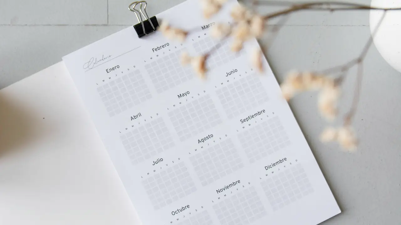 A calendar page clipped beside a sprig of flowers