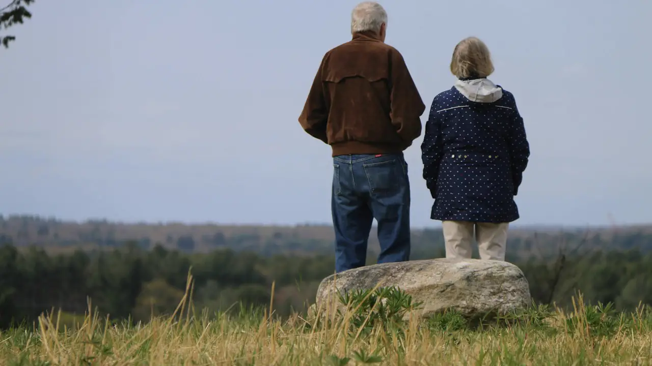 An older couple standing together on a rock, looking out over forest