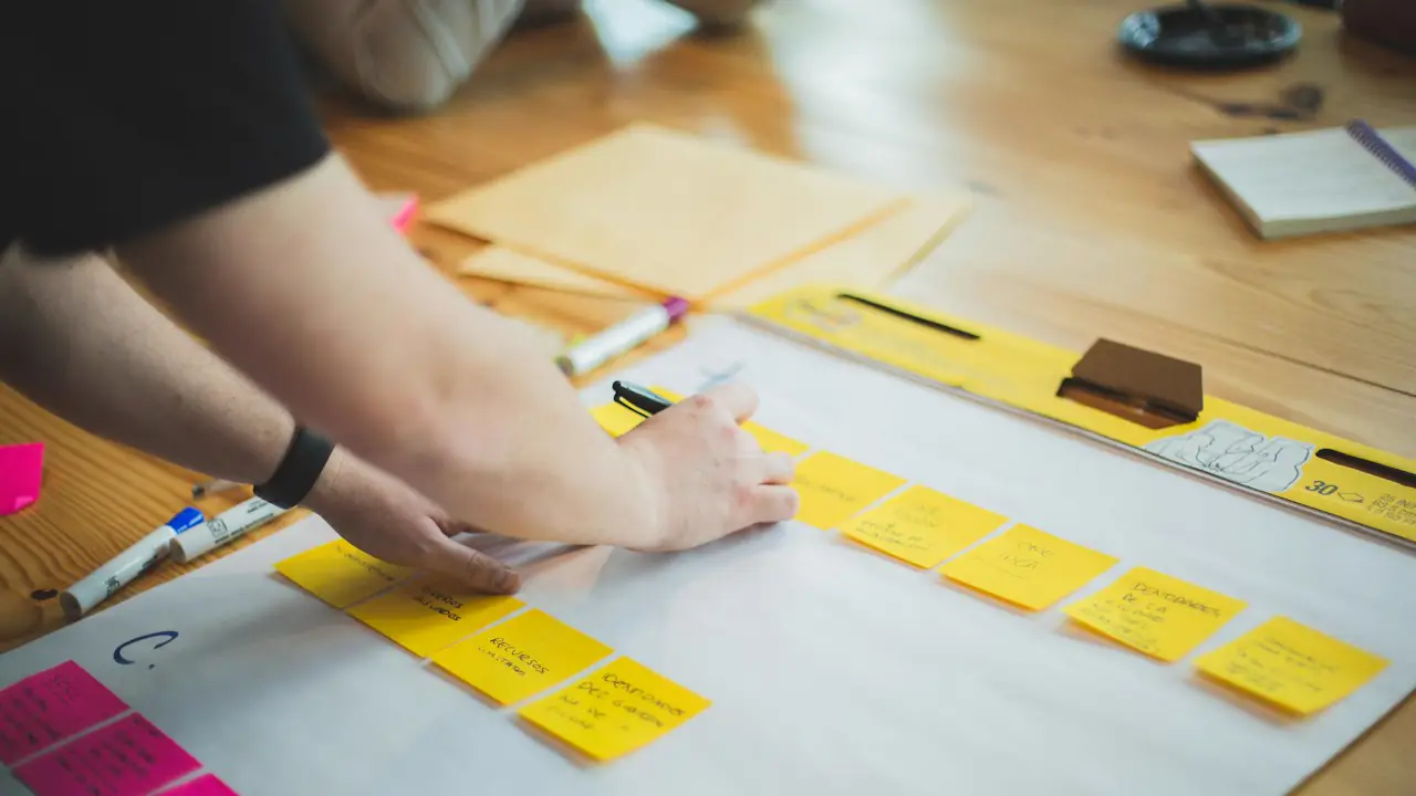 A hand arranging sticky notes on a planning board