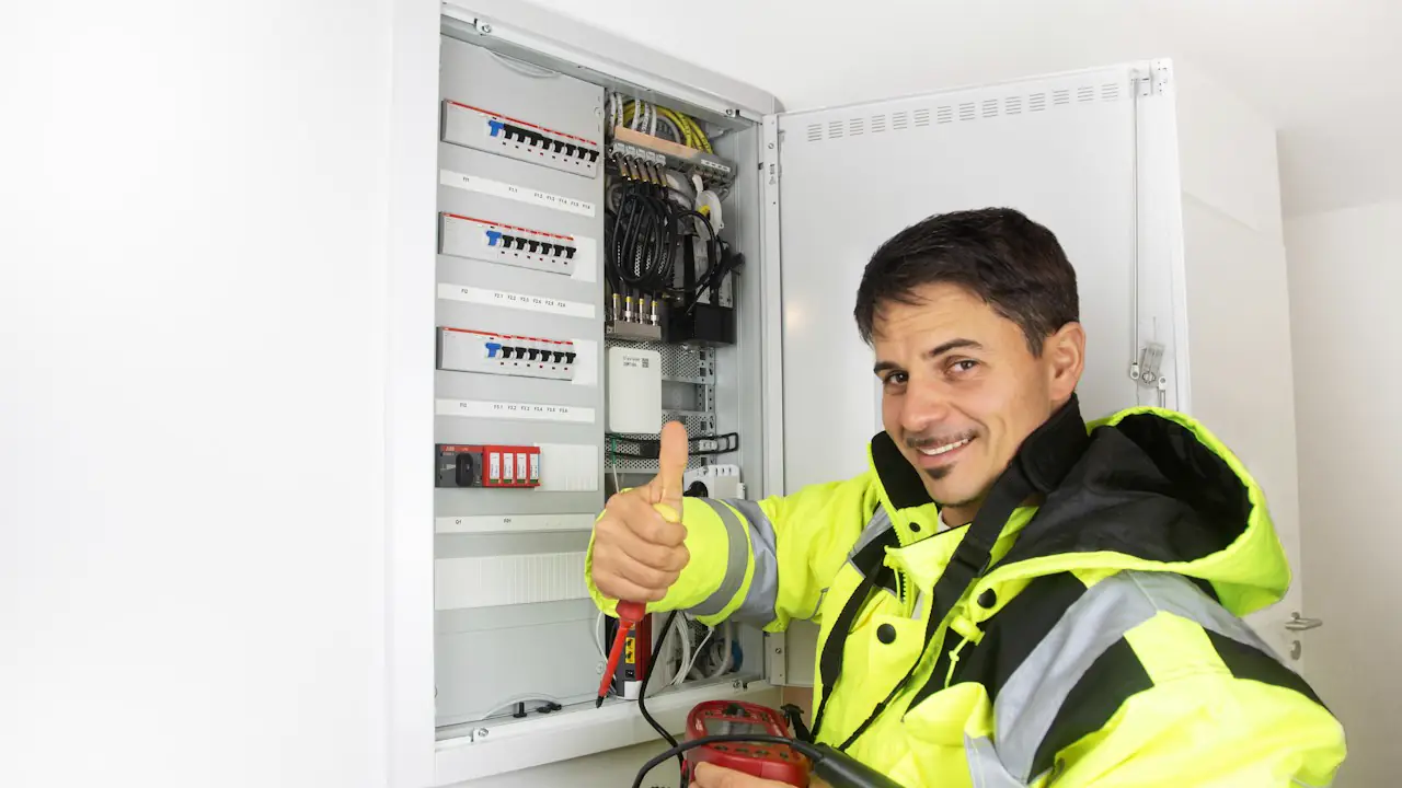 A smiling electrician in a high visibility jacket giving a thumbs up beside a breaker panel