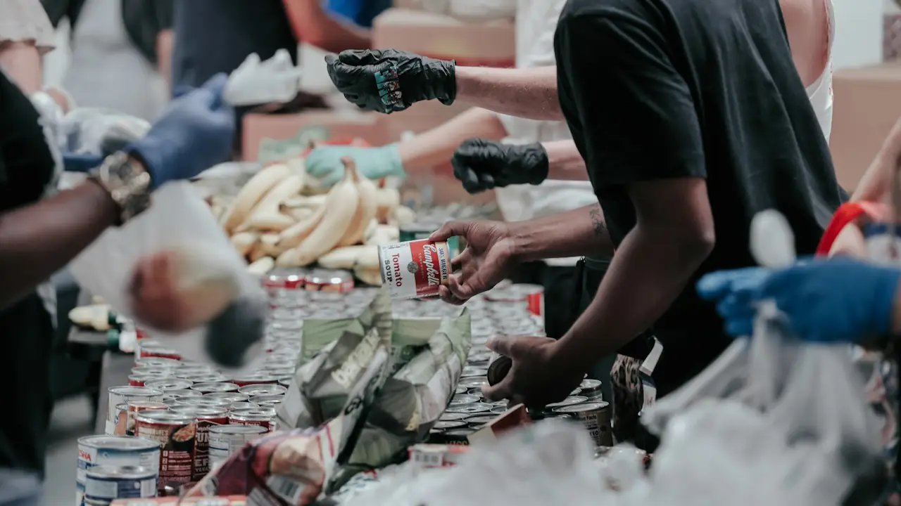 Volunteers in gloves sorting canned food and produce at a food bank