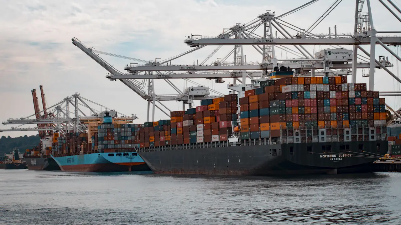 A loaded container ship beneath tall gantry cranes at a busy port