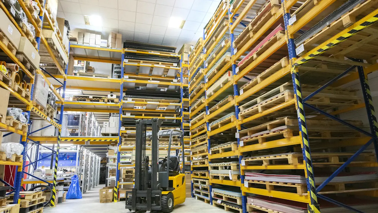 A forklift parked in the aisle of a tall warehouse stacked with pallets
