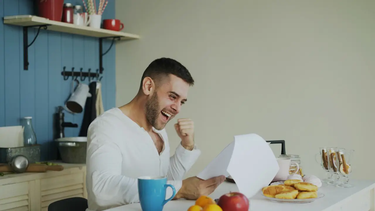 A man at his kitchen table celebrating as he reads a letter