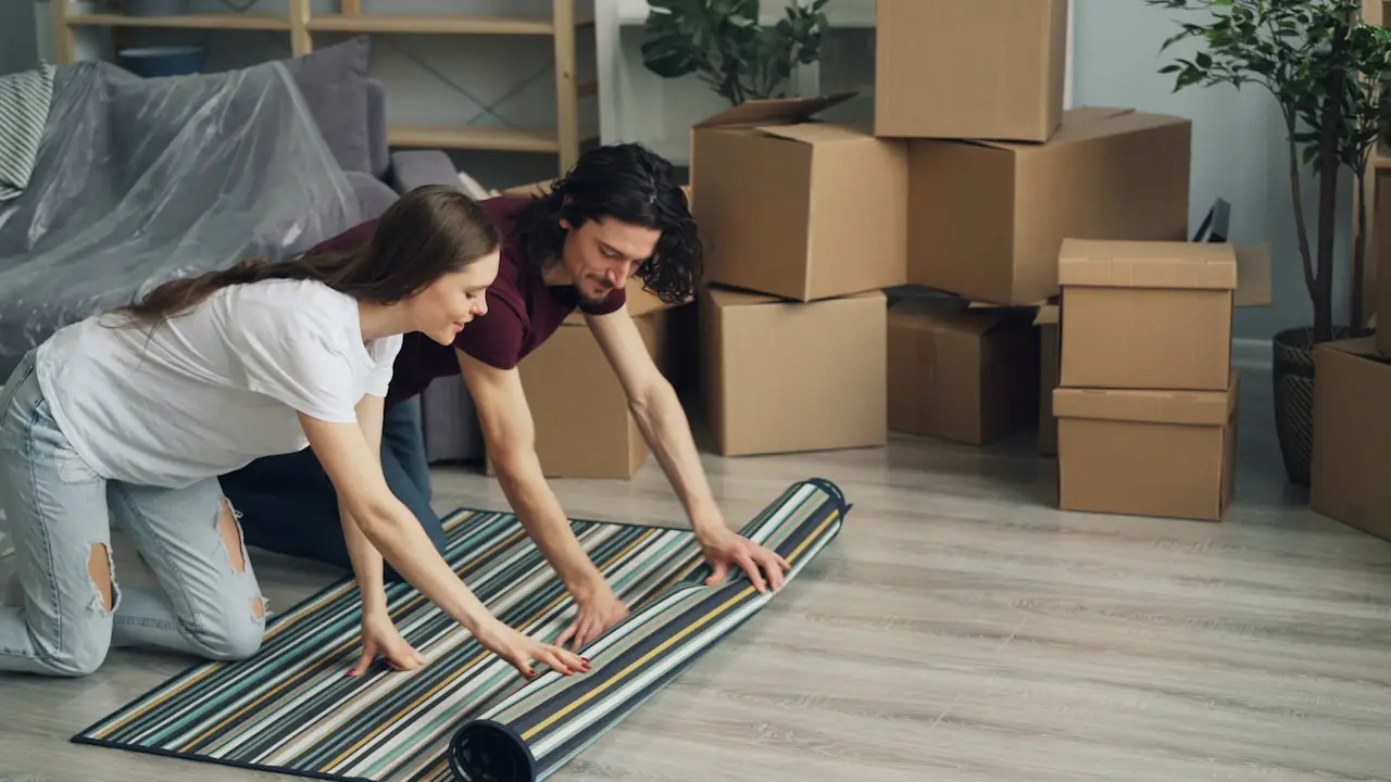 A couple unrolling a rug in their new living room among moving boxes