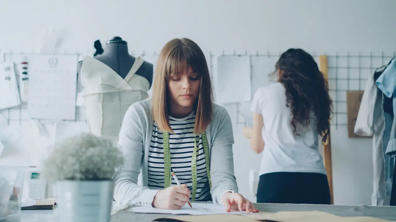 A fashion designer drafting a pattern at her worktable in a studio