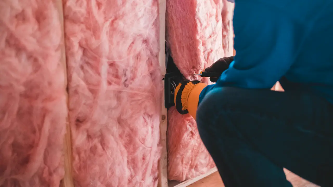 A worker in gloves fitting pink insulation between wall studs