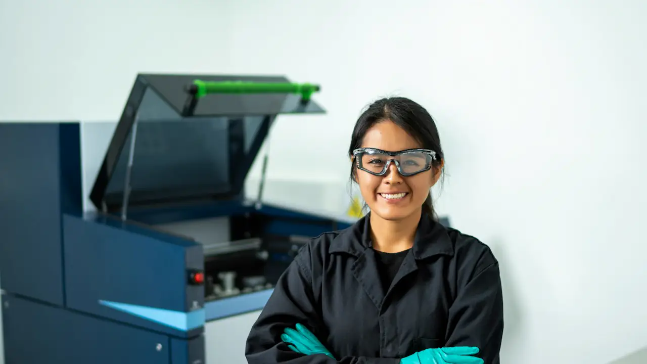 A smiling technician in safety glasses and gloves standing beside lab equipment